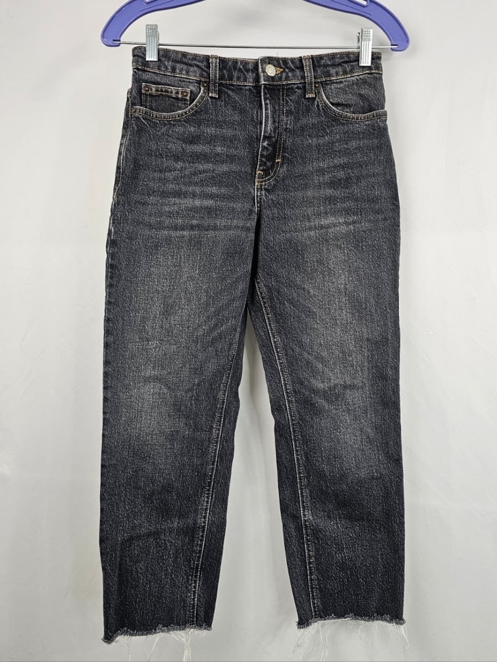 Topshop Women's Black Raw Hem Straight Leg Jeans, Sz 26P